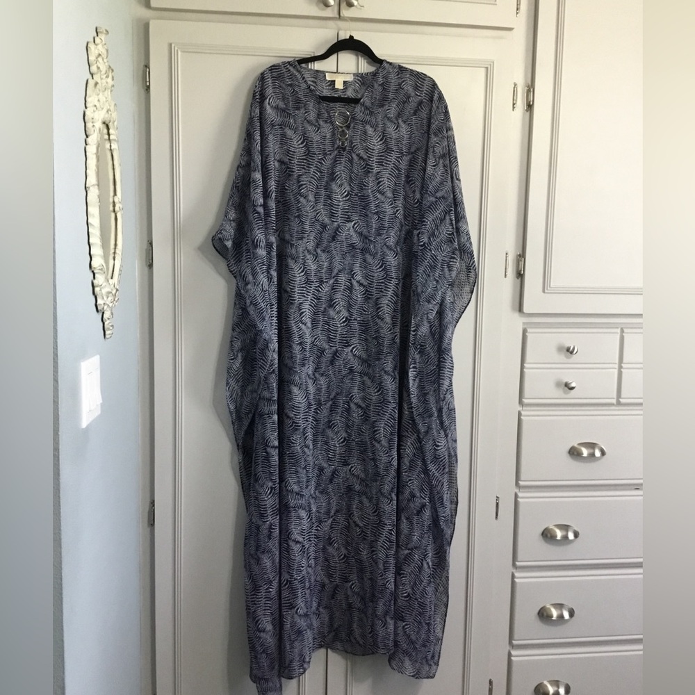 MICHAEL Michael Kors Long Flowy Blue Fern Leaf Pattern Caftan Sheer size L